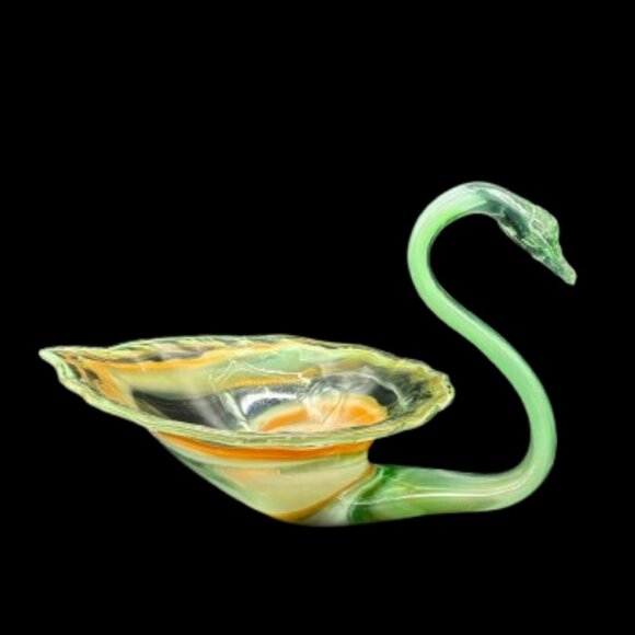 Vintage 1960's Hand-Blown Art Glass Large Swan Green Candy Trinket Dish 12.5" - Picture 7 of 8